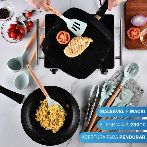 Imagem de Jogo 12 Colheres De Silicone Cabo Madeira Utensílios Cozinha Top