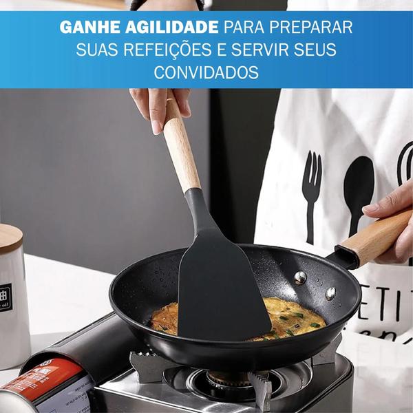 Imagem de Jogo 12 Colheres De Silicone Cabo Madeira Utensílios Cozinha Top