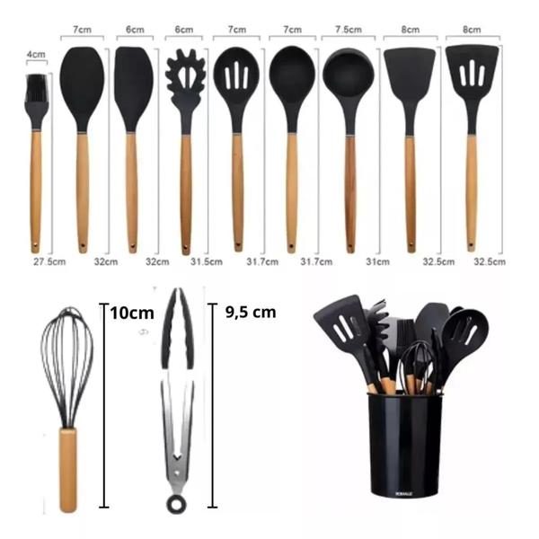 Imagem de Jogo 12 Colheres De Silicone Cabo Madeira Utensílios Cozinha Top