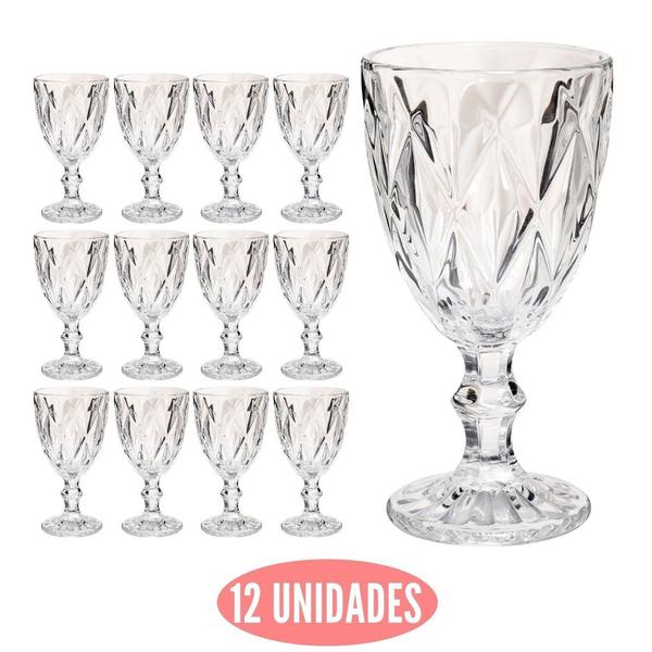 Imagem de Jogo 12 de Copos Diamante 340ml Vidro Transparente Vinho