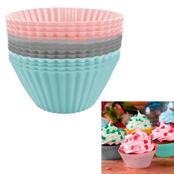 Imagem de Jogo 12 de Forminhas Reutilizáveis Coloridas de Muffins Cupcakes de Silicone Resistente a Altas Temperaturas