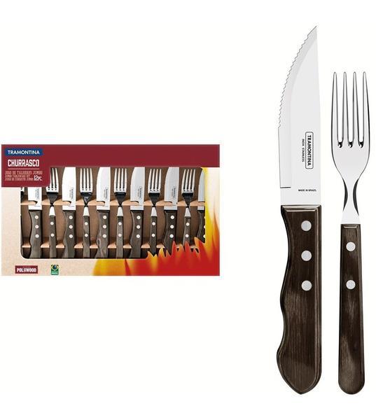 Imagem de Jogo 12 Peças Jumbo Polywood Castanho Aço Inox Tramontina Para Churrasco