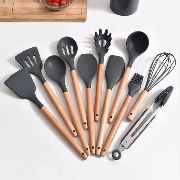 Imagem de Jogo 12 Peças Utensílios Cozinha Silicone Madeira Grafite