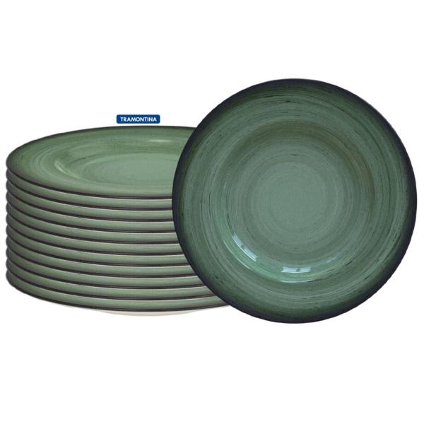 Jogo 12 Pratos Sobremesa Tramontina Porcelana 21cm Rústico Verde Imagem de Jogo 12 Pratos Sobremesa Tramontina Porcelana 21cm Rústico Verde