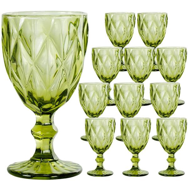 Imagem de Jogo 12 Taças de Vidro Luxo Diamond Verde Transparente 310ml Vinho Água Drinks Grosso Resistente Diamante