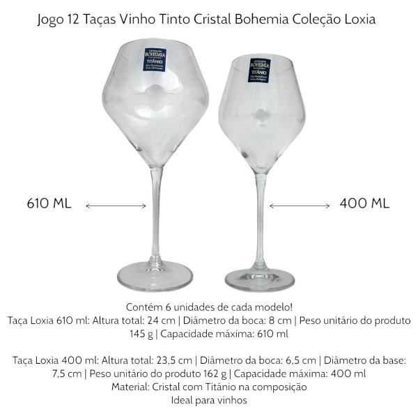 Imagem de Jogo 12 Taças Vinho Tinto 610 e 400 ml Cristal Bohemia Loxia