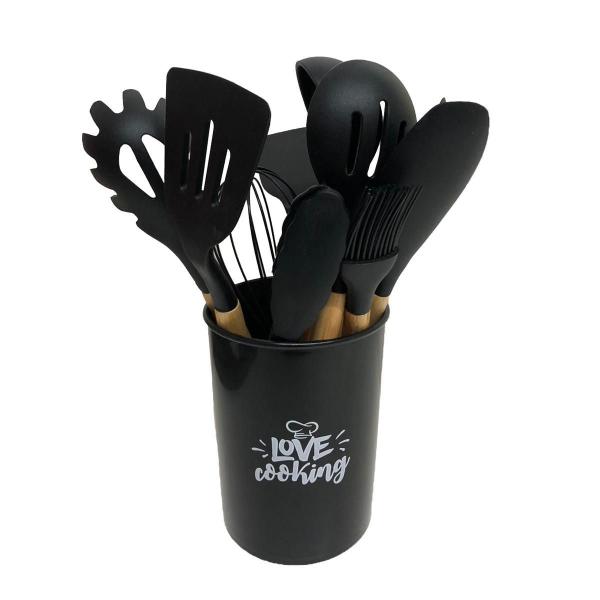 Imagem de Jogo 12 Utensílios Silicone Colher Concha Pegador Preto