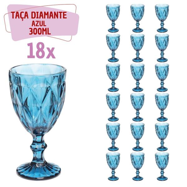 Imagem de Jogo 18 Copo Taça Vidro Diamante Azul Para Agua vinho 300ml