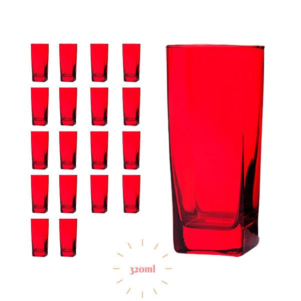 Imagem de Jogo 18 Copos Vidro Quadrado Vermelho 320ml Suco Agua Luxo