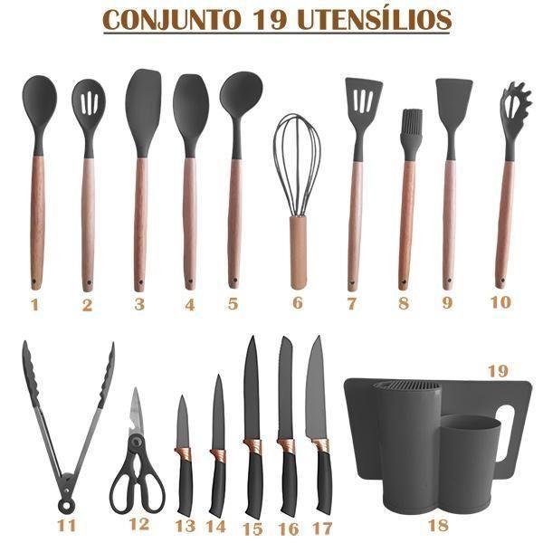 Imagem de Jogo 19 Peças Utensílios Cozinha Silicone Base Oval - Cinza