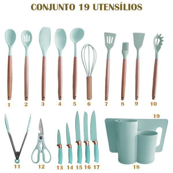 Imagem de Jogo 19 Peças Utensílios Cozinha Silicone Base Oval - Verde