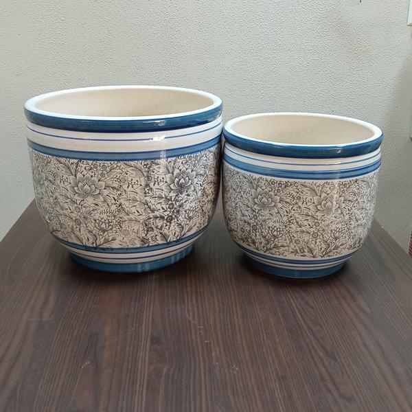 Imagem de Jogo 2 cachepô cerâmica azul vaso decorativo enfeite casa