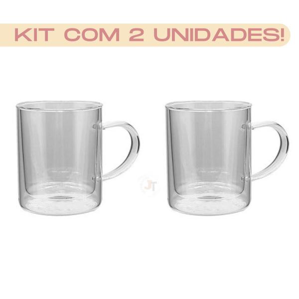 Imagem de Jogo 2 Canecas Grande Vidro 320ml Parede Dupla Xícaras Café Conjunto Kit Duas Camada Presente Alça Chá Cj Copo Bistro