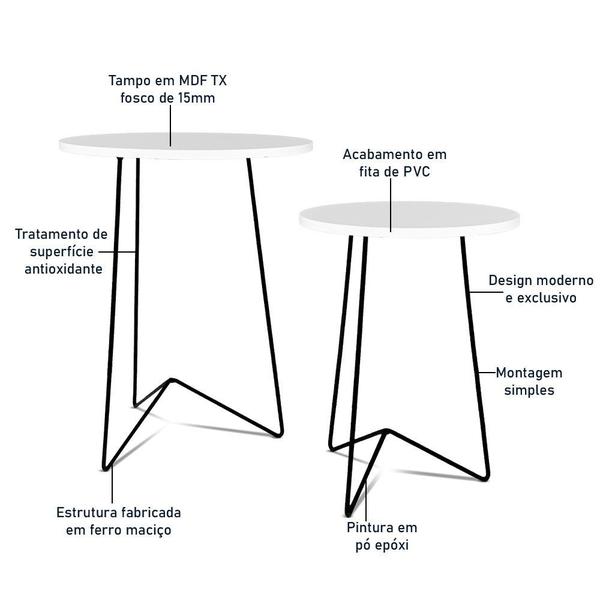 Imagem de Jogo 2 Mesas de Canto Lateral Athenas Tripé Redonda MDF - Preta/Branca