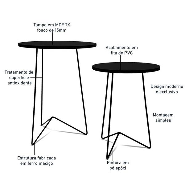 Imagem de Jogo 2 Mesas de Canto Lateral Athenas Tripé Redonda MDF -  Preta e Preta