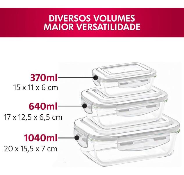 Imagem de Jogo 2 Potes de Vidro Hermético Com Tampa E Trava Retangular 640 ml Mantimentos Marmita