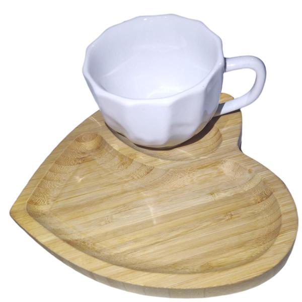 Imagem de Jogo 2 Xicara de Cafe Cha Porcelana Desenho Com Alça 2 Pires Bambu 200ml