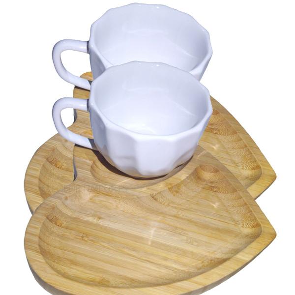 Imagem de Jogo 2 Xicara de Cafe Cha Porcelana Desenho Com Alça 2 Pires Bambu 200ml