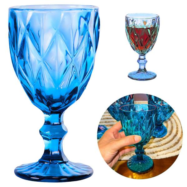 Imagem de Jogo 24 Taças de Vidro Luxo Diamond Azul Transparente 310ml Vinho Água Drinks Grosso Resistente Diamante