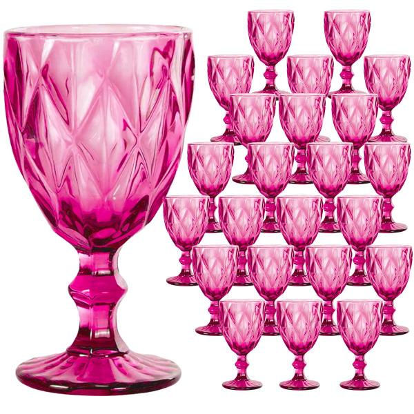 Imagem de Jogo 24 Taças de Vidro Luxo Diamond Rosa Transparente 310ml Vinho Água Drinks Grosso Resistente Diamante