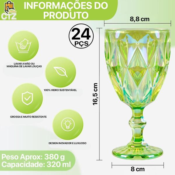 Imagem de Jogo 24 Taças de Vidro Luxo Diamond Verde Transparente 310ml Vinho Água Drinks Grosso Resistente Diamante