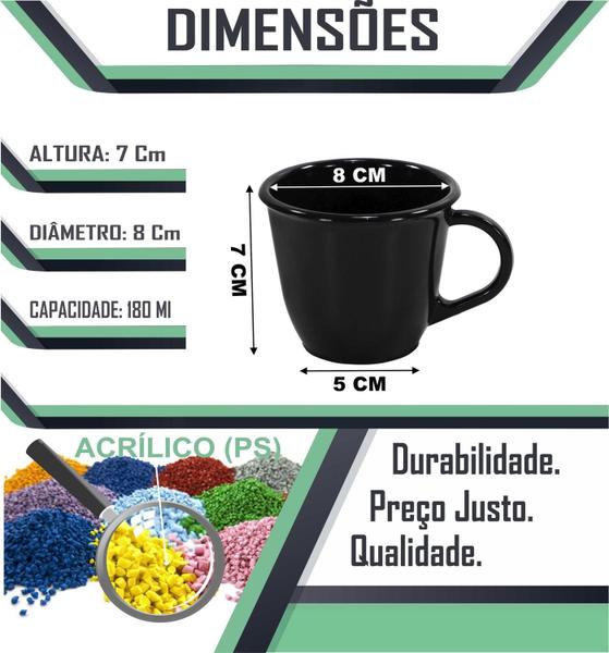 Imagem de Jogo 24 Xícaras Acrílicas Preta Grande 180 Ml Chá Café