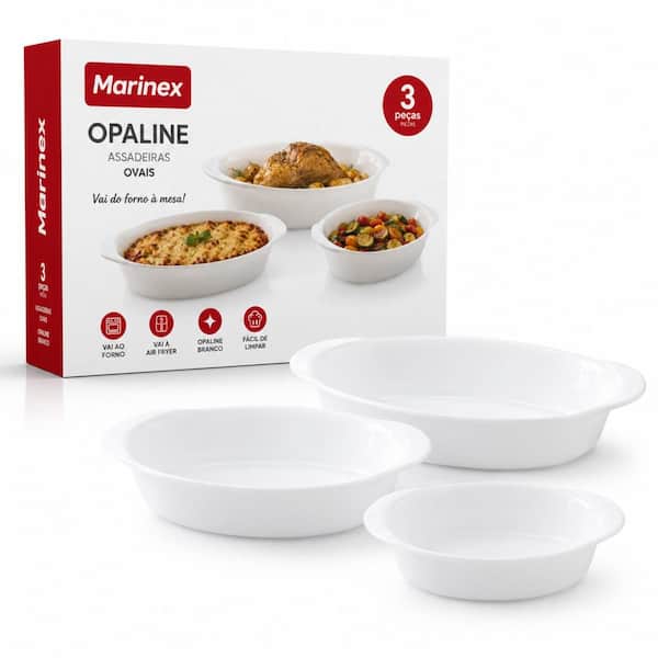Jogo 3 Assadeiras de Vidro Oval Opaline Branca Nadir