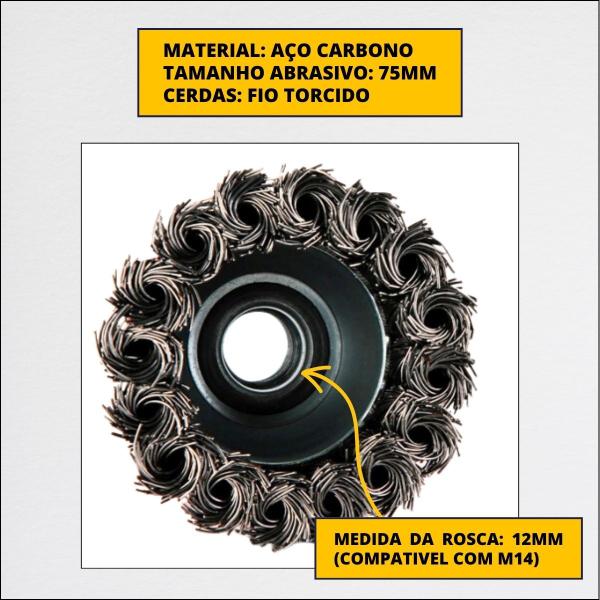 Imagem de Jogo 3 Escovas De Aço Torcido Rotativa Furadeira Parafusadeira 75mm Adaptador M14 Aço