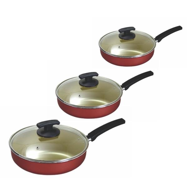 Jogo 3 Frigideiras A.A Premium CherryCream Com Tampa de Vidro Vermelho - Estamparia Leste Imagem de Jogo 3 Frigideiras A.A Premium CherryCream Com Tampa de Vidro Vermelho