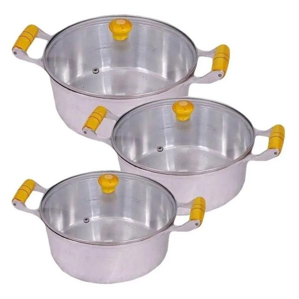 Jogo 3 Panelas Caçarolas Aluminio Polido Tampa de Vidro 16 18 e 26 - OkayShop Imagem de Jogo 3 Panelas Caçarolas Aluminio Polido Tampa de Vidro 16 18 e 26