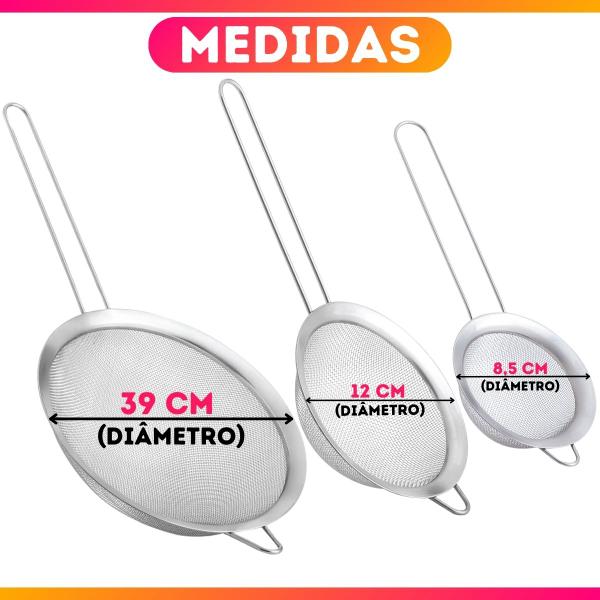 Imagem de Jogo 3 Peneiras Aço Inox Luxo P M G Utensílios De Cozinha 8,5cm, 12cm e 20cm - Paramount