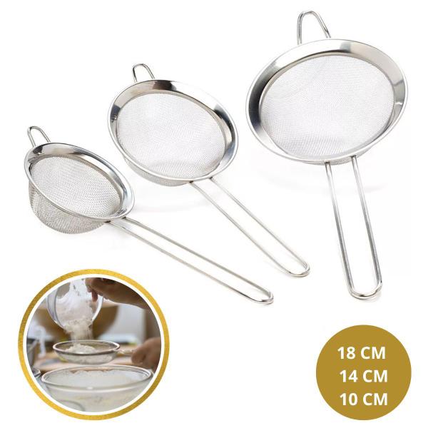 Imagem de Jogo 3 Peneiras Aço Inox Luxo Pmg Utensílios De Cozinha Kit