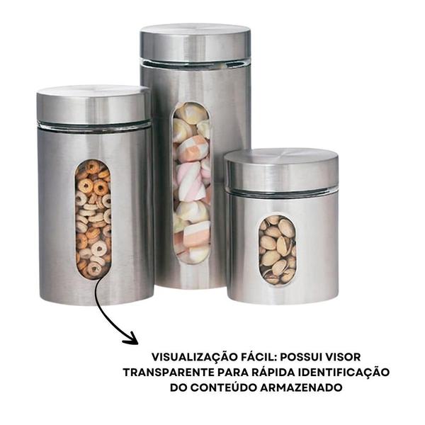 Imagem de Jogo 3 Potes Tampa Rosca Para Mantimentos Vidro E Aço Inox Vidro Hermético Para Mantimentos Organização Cozinha Conjunto