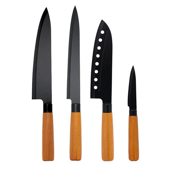 Imagem de Jogo 4 Facas do Chef, Peixeira, Japonesa e Legumes Inox Premium Wood Black Cabo Madeira - Tuut