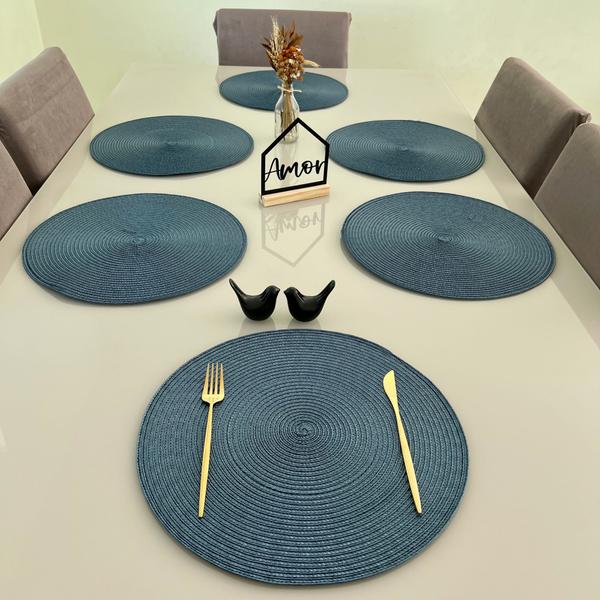 Imagem de Jogo 4 Pçs Lugar Americano Sousplat Toalha De Mesa Redondo 38cm Azul