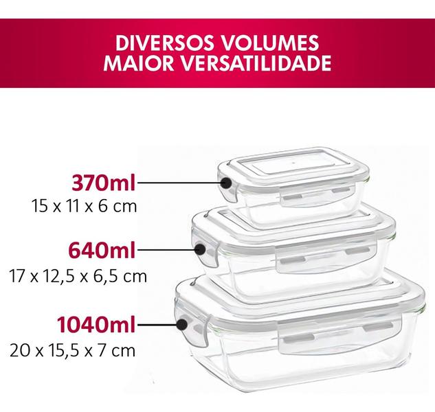 Imagem de Jogo 4 Potes de Vidro Hermético Com Tampa E Trava Retangular 370 ml Mantimentos Marmita