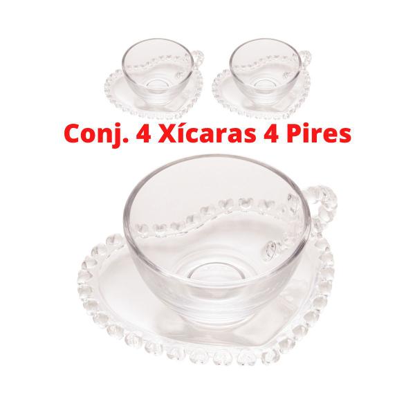 Imagem de Jogo 4 Xícaras De Cristal 80ml Pires De Coração Chá Café