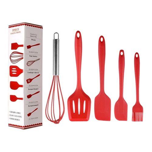 Imagem de Jogo 5 Colheres De Silicone Cabo Inox Utensílios Cozinha -  Vermelho