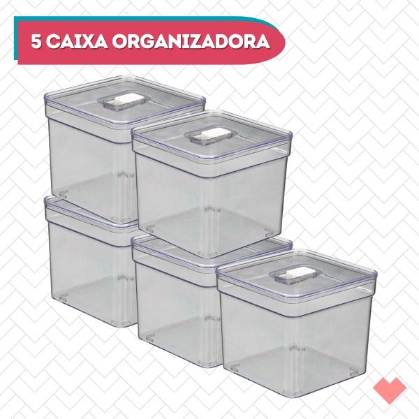 Imagem de Jogo 5 Organizadores Quadrada Transparente Multiuso Com Tampa