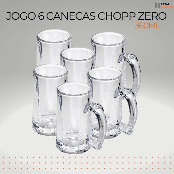 Imagem de Jogo 6 Canecas Chopp Zero Cerveja Copo de Vidro Bar 360ML