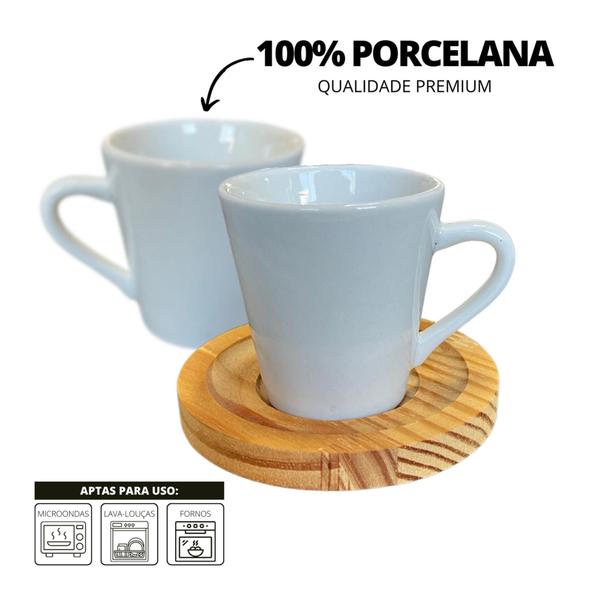 Imagem de Jogo 6 Canecas Porcelana Cafe Chá Com Pires Madeira 120ml