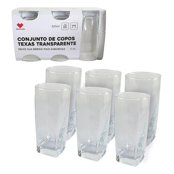 Imagem de Jogo 6 Copos de Vidro 320ml Quadrado Texas Miami Bali para Suco Agua Refrigerante Restaurante Bar