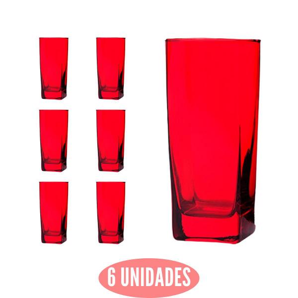 Imagem de Jogo 6 Copos Vidro Quadrado Vermelho 320ml Suco Agua Luxo