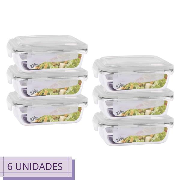 Jogo 6 Potes de Vidro Hermético Marmita Dieta Fit com 370 ml - Diversas Imagem de Jogo 6 Potes de Vidro Hermético Marmita Dieta Fit com 370 ml