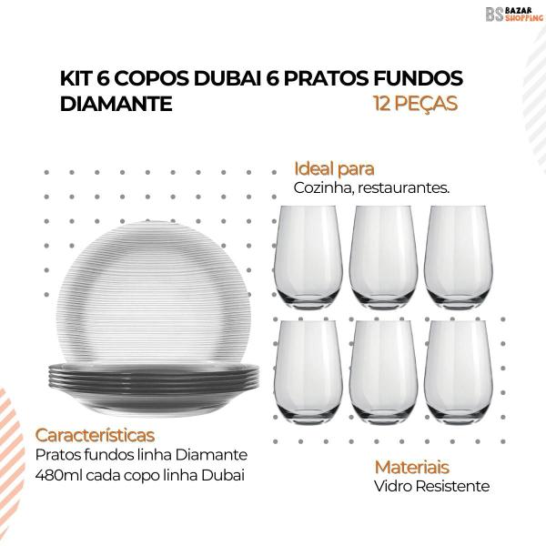 Imagem de Jogo 6 Pratos Fundos Diamante + 6 Copos Dubai 480ml Conjunto