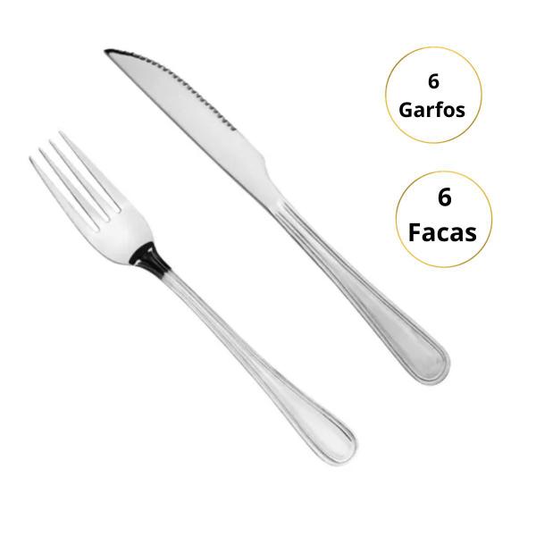 Imagem de Jogo 6 Pratos Rasos Branco de Melamina Com 25cm Mais 6 Garfos e 6 Facas Inox