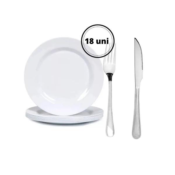 Imagem de Jogo 6 Pratos Rasos Branco de Melamina Com 25cm Mais 6 Garfos e 6 Facas Inox