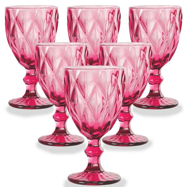 Imagem de Jogo 6 Taças de Vidro Luxo Diamond Rosa Transparente 310ml Vinho Água Drinks Grosso Resistente Diamante