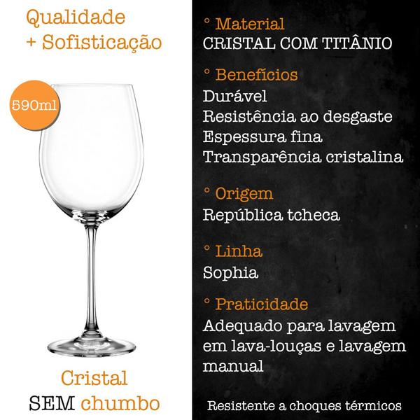 Imagem de Jogo 6 Taças Vinho Água Cristal Titânio Sophia Bohemia 590ml