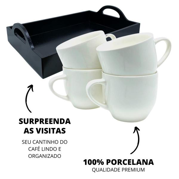 Imagem de Jogo 6 Xícara 170ml BRANCA Porcelana Com Bandeja Em Mdf